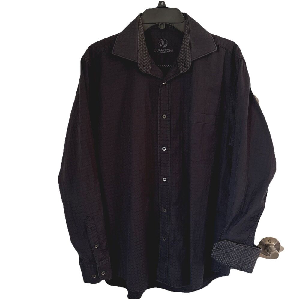 Bugatchi Uomo Shirt Men L Black Gray Check Dots Flip Cuff Button Up Long Sleeve
